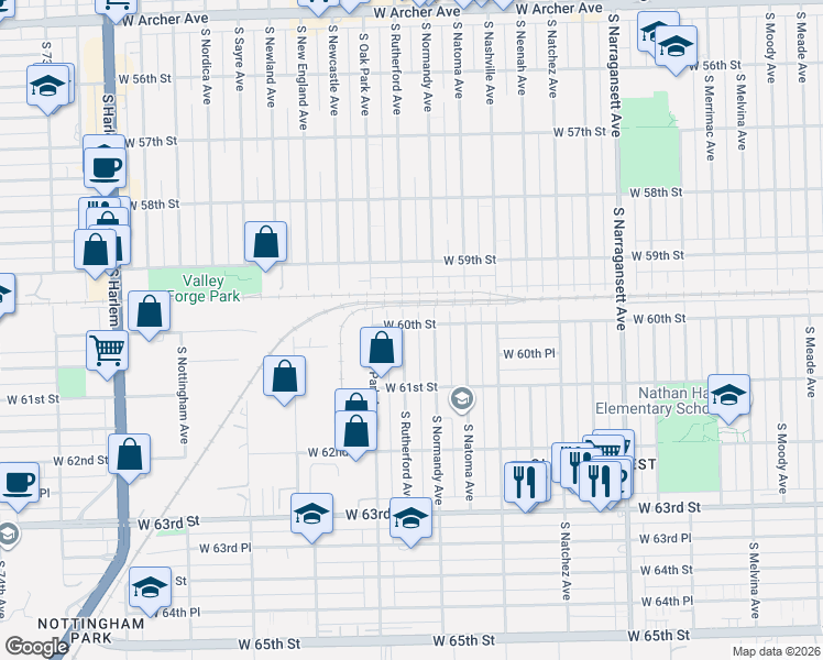 map of restaurants, bars, coffee shops, grocery stores, and more near 6018 South Normandy Avenue in Chicago