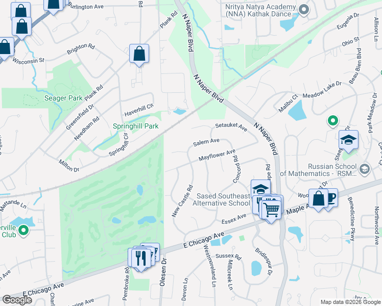 map of restaurants, bars, coffee shops, grocery stores, and more near 25W320 Mayflower Avenue in Naperville