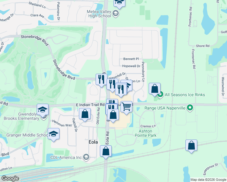 map of restaurants, bars, coffee shops, grocery stores, and more near 1237 North Eola Road in Aurora