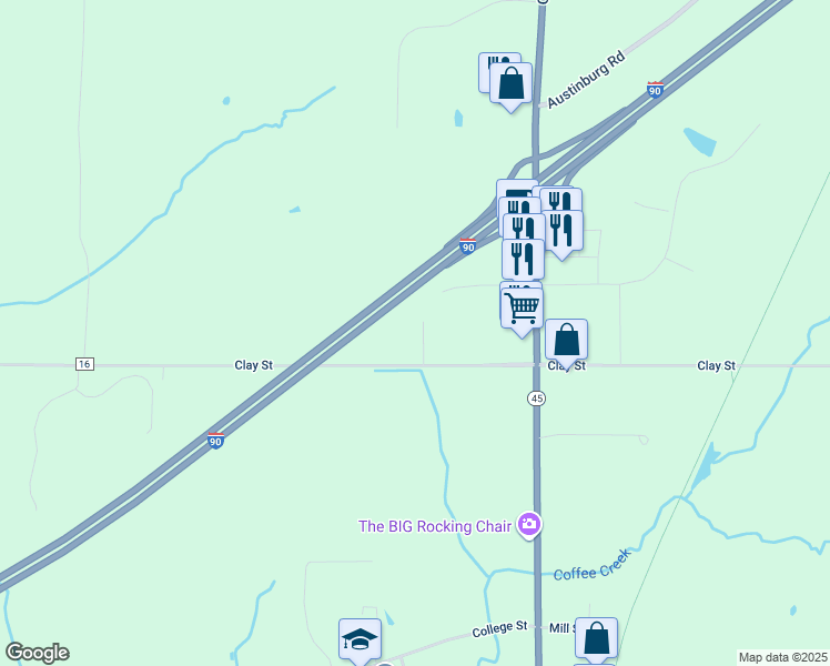 map of restaurants, bars, coffee shops, grocery stores, and more near 2931 Clay Street in Austinburg