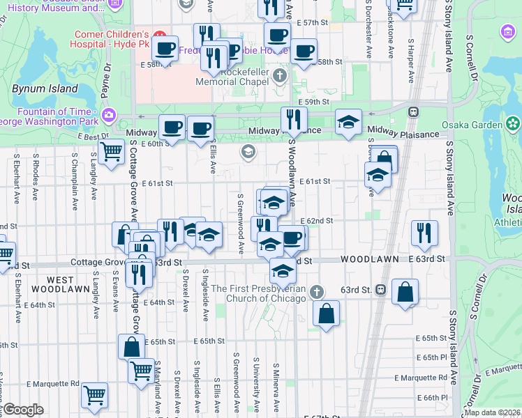 map of restaurants, bars, coffee shops, grocery stores, and more near 1126 East 62nd Street in Chicago