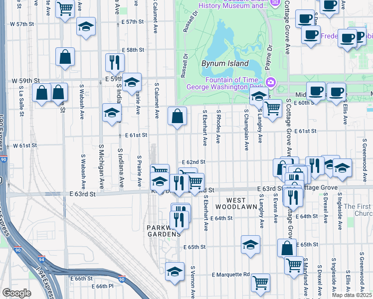 map of restaurants, bars, coffee shops, grocery stores, and more near 6146 South Vernon Avenue in Chicago