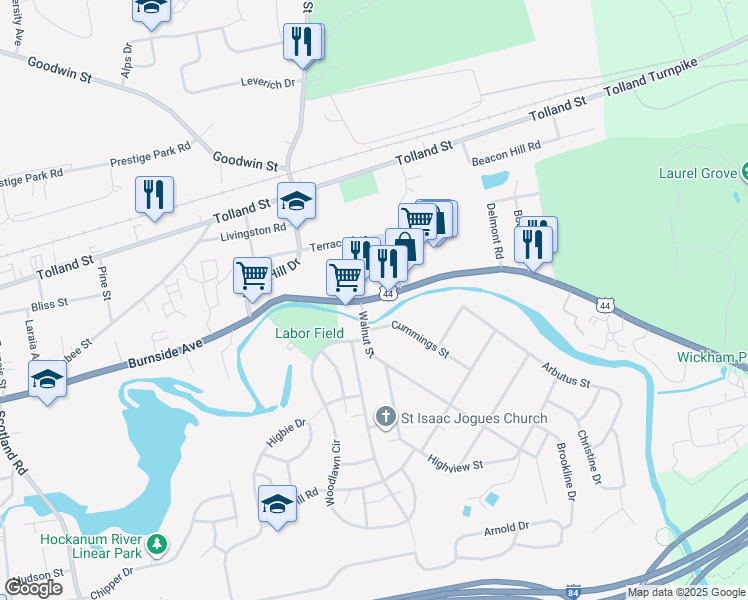 map of restaurants, bars, coffee shops, grocery stores, and more near 1071 Burnside Avenue in East Hartford