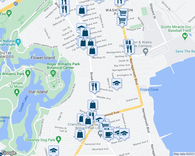 map of restaurants, bars, coffee shops, grocery stores, and more near 26 Talbot Manor in Cranston