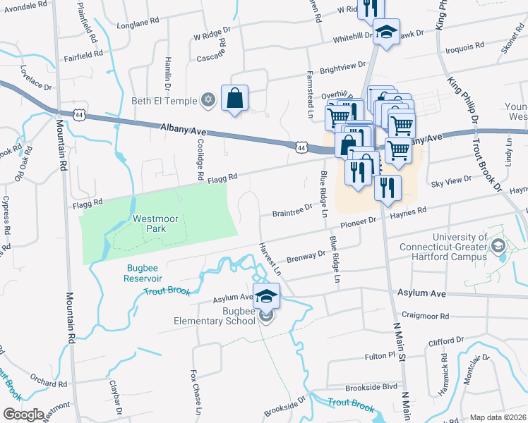 map of restaurants, bars, coffee shops, grocery stores, and more near 55 Harvest Lane in West Hartford