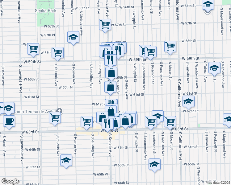 map of restaurants, bars, coffee shops, grocery stores, and more near 6105 South Troy Street in Chicago