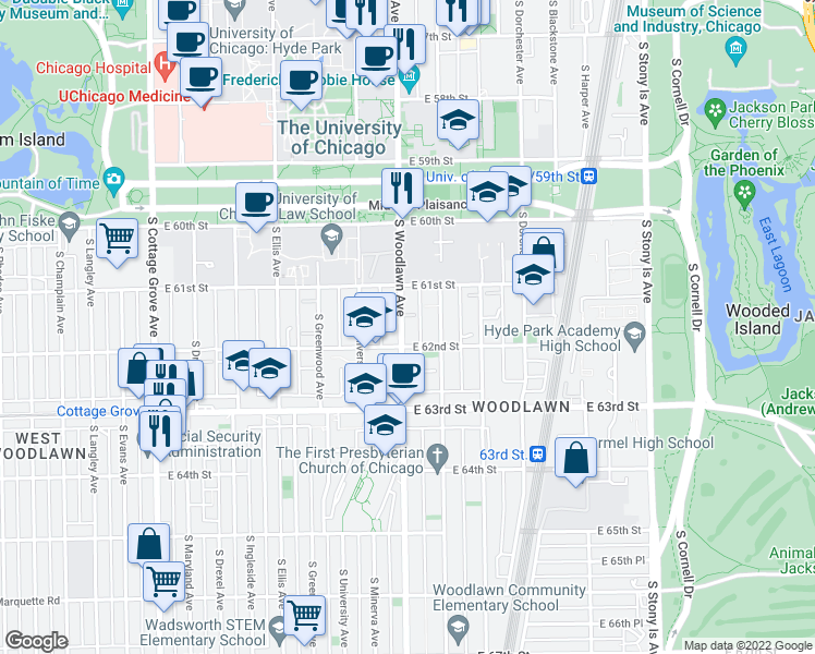 map of restaurants, bars, coffee shops, grocery stores, and more near 6141 South Woodlawn Avenue in Chicago