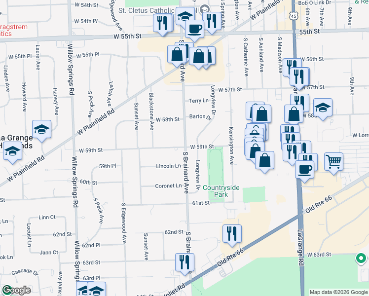 map of restaurants, bars, coffee shops, grocery stores, and more near 5908 Longview Drive in Countryside