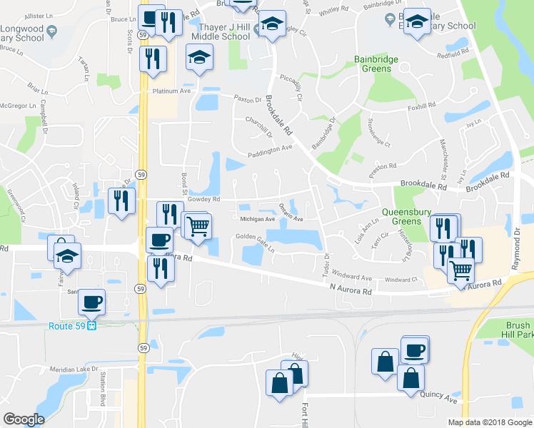 map of restaurants, bars, coffee shops, grocery stores, and more near 1811 Michigan Avenue in Naperville