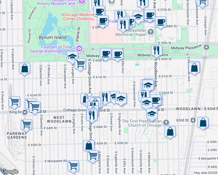 map of restaurants, bars, coffee shops, grocery stores, and more near 6152 South Ingleside Avenue in Chicago