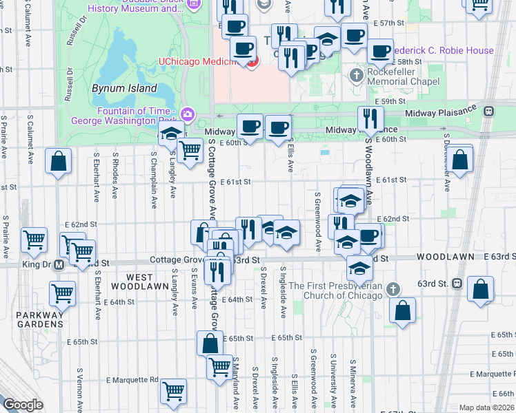 map of restaurants, bars, coffee shops, grocery stores, and more near 6152 South Ingleside Avenue in Chicago