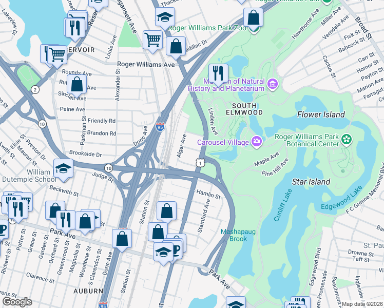 map of restaurants, bars, coffee shops, grocery stores, and more near 1081 Elmwood Avenue in Providence