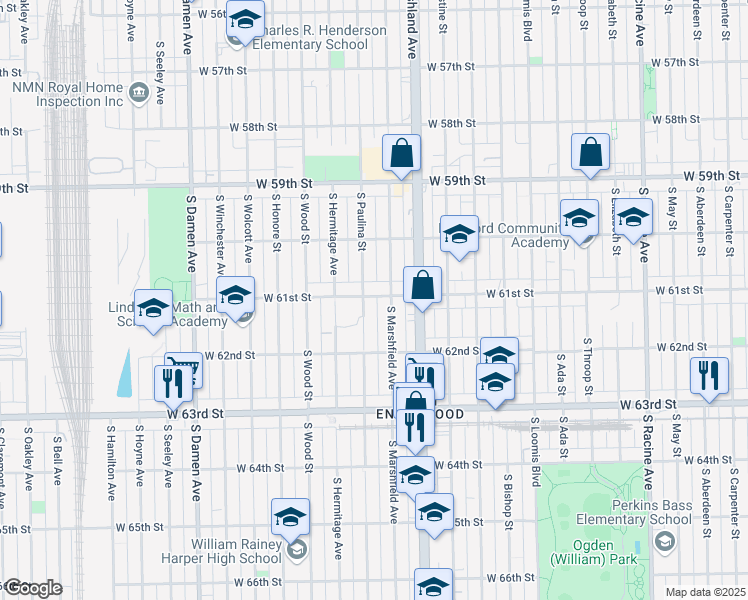 map of restaurants, bars, coffee shops, grocery stores, and more near 1653 West 61st Street in Chicago