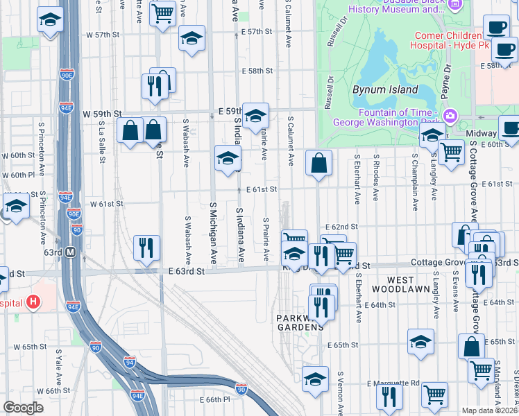 map of restaurants, bars, coffee shops, grocery stores, and more near 6128 South Prairie Avenue in Chicago