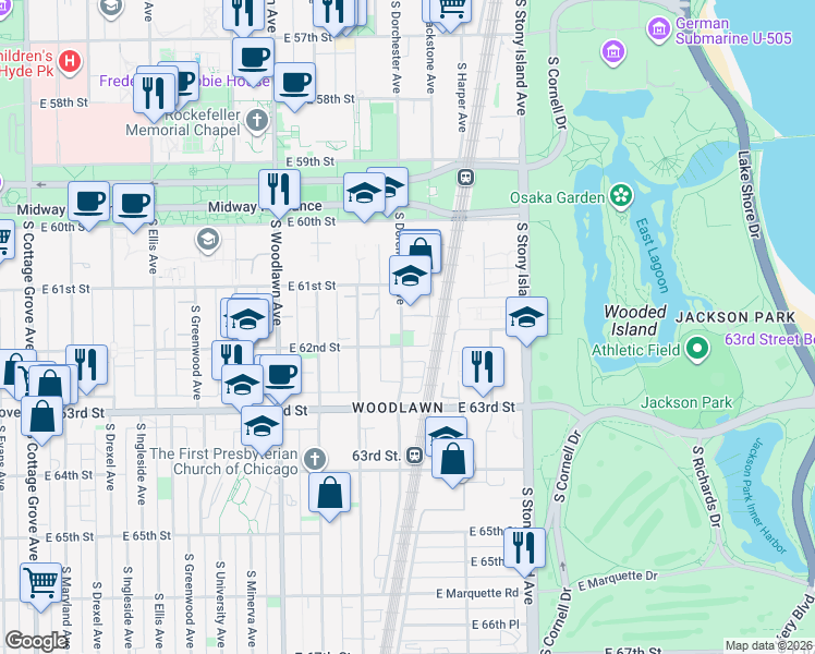 map of restaurants, bars, coffee shops, grocery stores, and more near 6143 South Dorchester Avenue in Chicago