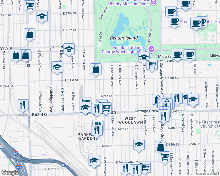map of restaurants, bars, coffee shops, grocery stores, and more near 6130 South Eberhart Avenue in Chicago