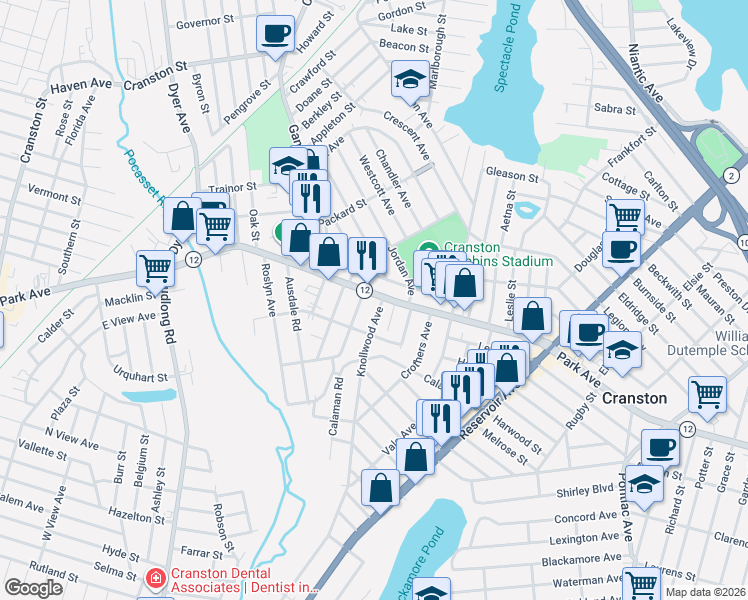 map of restaurants, bars, coffee shops, grocery stores, and more near 17 Egan Road in Cranston