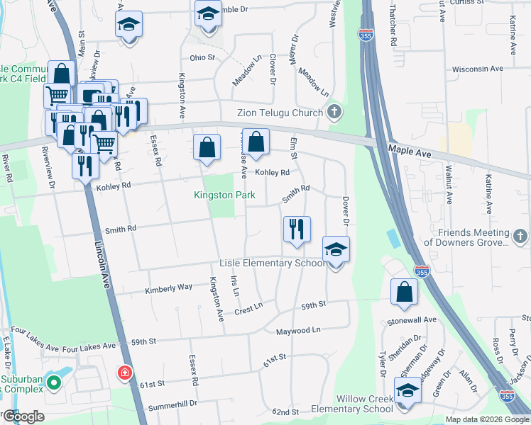 map of restaurants, bars, coffee shops, grocery stores, and more near 620 Rose Court in Lisle