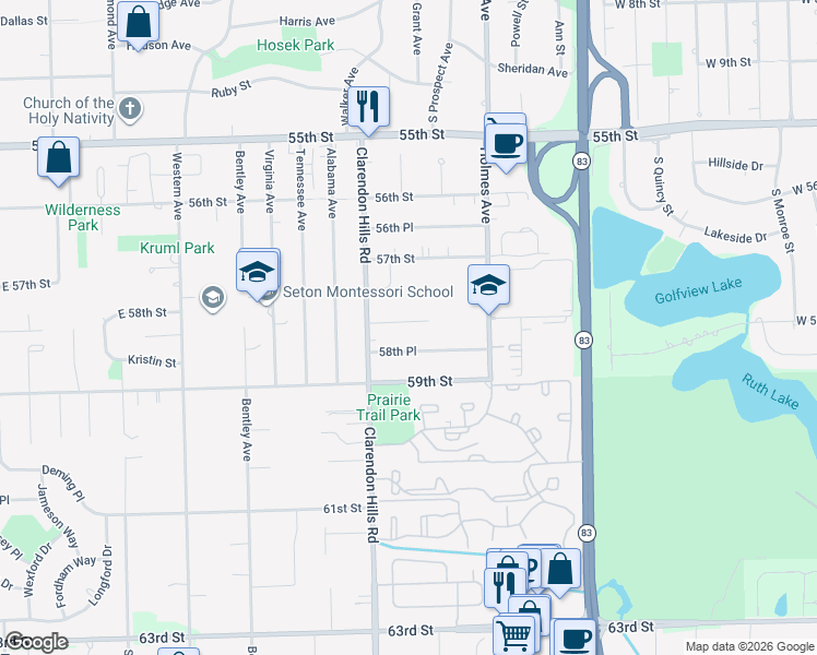 map of restaurants, bars, coffee shops, grocery stores, and more near 222 58th Place in Clarendon Hills