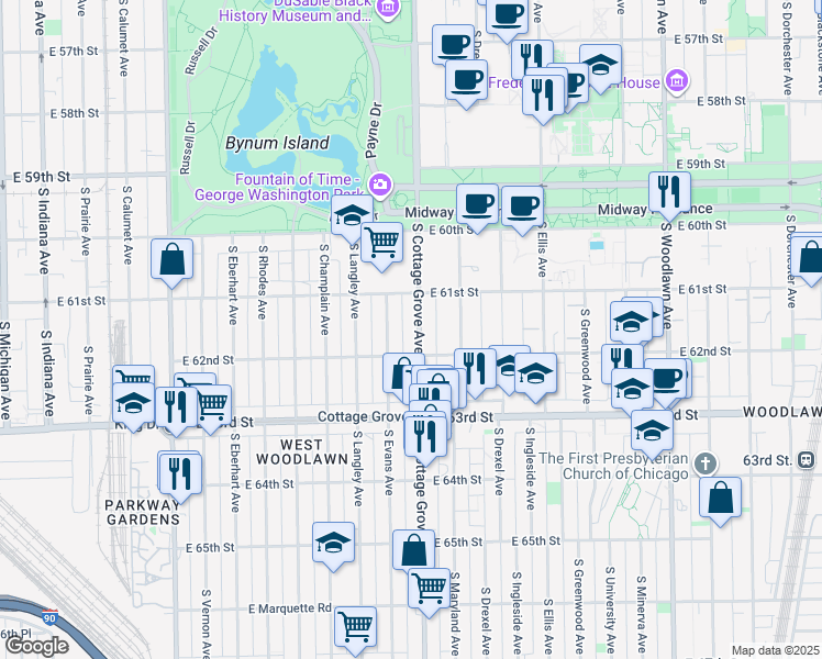 map of restaurants, bars, coffee shops, grocery stores, and more near 6134 South Cottage Grove Avenue in Chicago