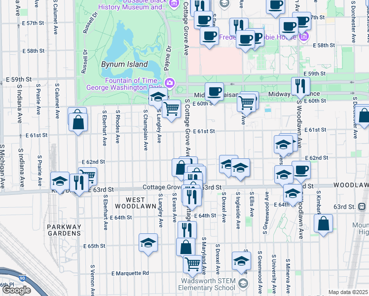 map of restaurants, bars, coffee shops, grocery stores, and more near 6134 South Cottage Grove Avenue in Chicago