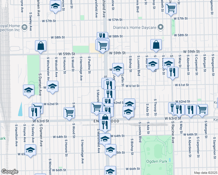 map of restaurants, bars, coffee shops, grocery stores, and more near 6124 South Ashland Avenue in Chicago