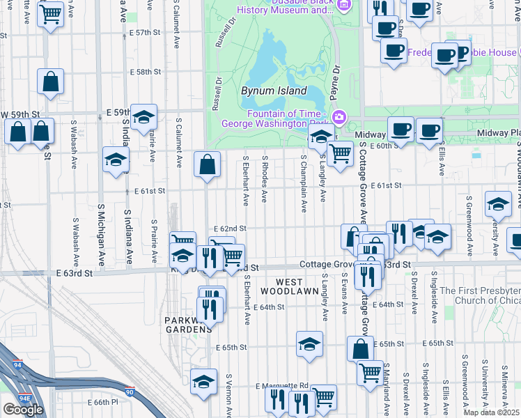 map of restaurants, bars, coffee shops, grocery stores, and more near 6130 South Rhodes Avenue in Chicago