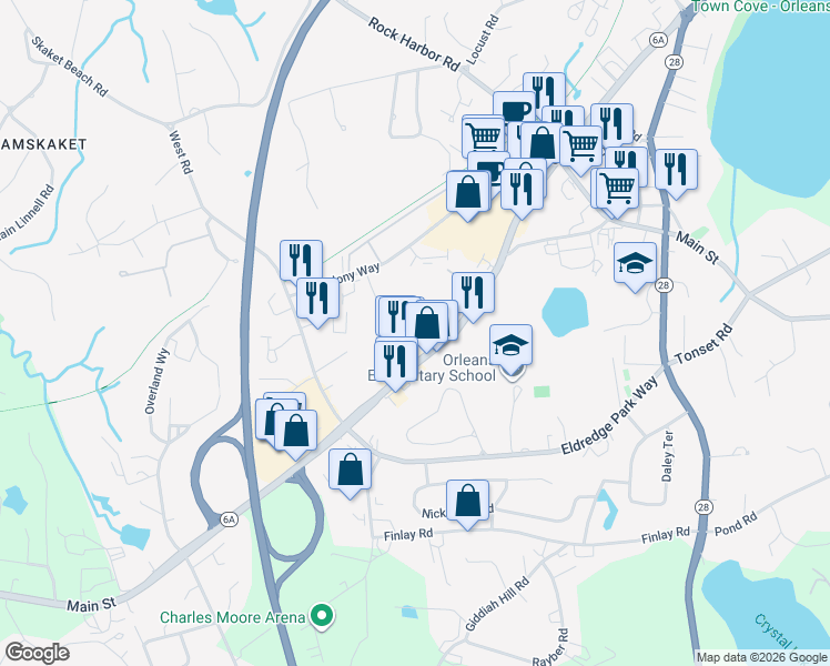 map of restaurants, bars, coffee shops, grocery stores, and more near 180 Massachusetts 6A in Orleans