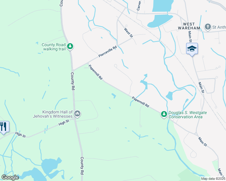 map of restaurants, bars, coffee shops, grocery stores, and more near 62 Papermill Road in Wareham