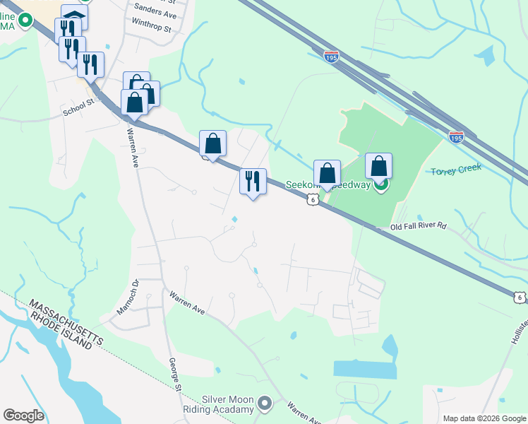 map of restaurants, bars, coffee shops, grocery stores, and more near 104 Jane Howland Drive in Seekonk