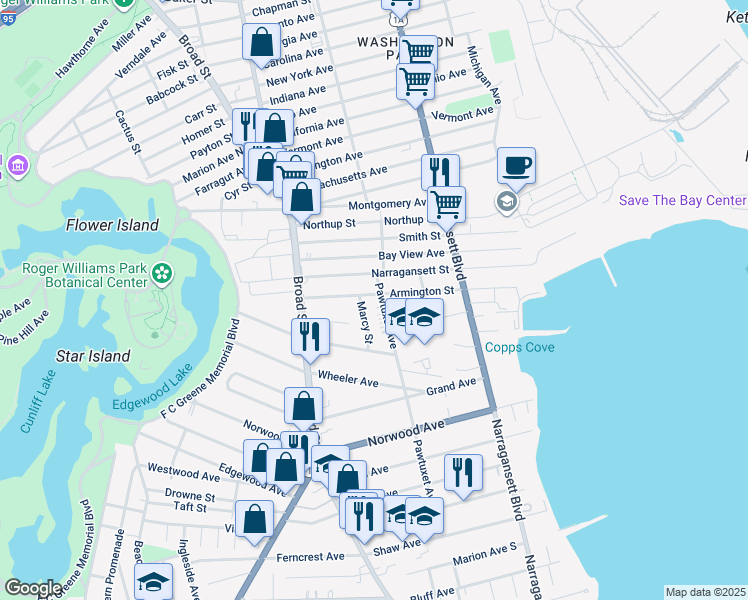 map of restaurants, bars, coffee shops, grocery stores, and more near 21 Marcy Street in Cranston