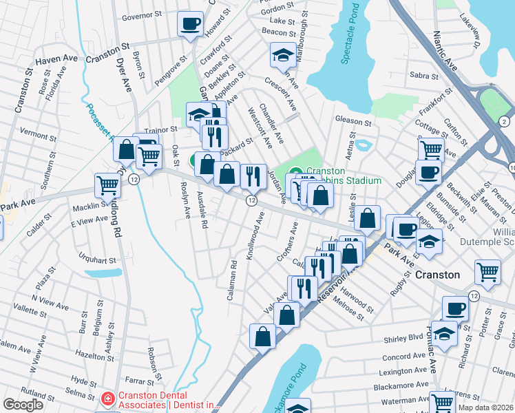 map of restaurants, bars, coffee shops, grocery stores, and more near 17 Egan Road in Cranston