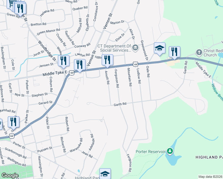 map of restaurants, bars, coffee shops, grocery stores, and more near 79 Arnott Road in Manchester