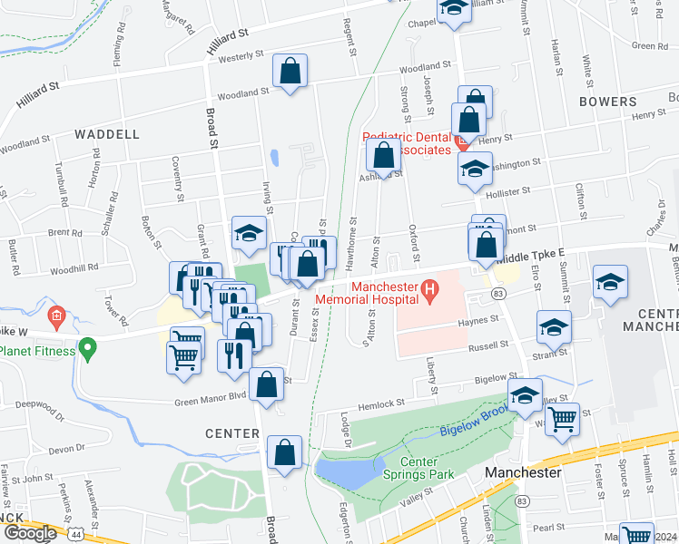 map of restaurants, bars, coffee shops, grocery stores, and more near 140 Middle Turnpike West in Manchester