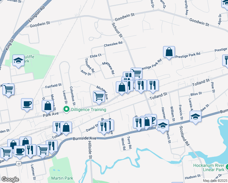 map of restaurants, bars, coffee shops, grocery stores, and more near in East Hartford