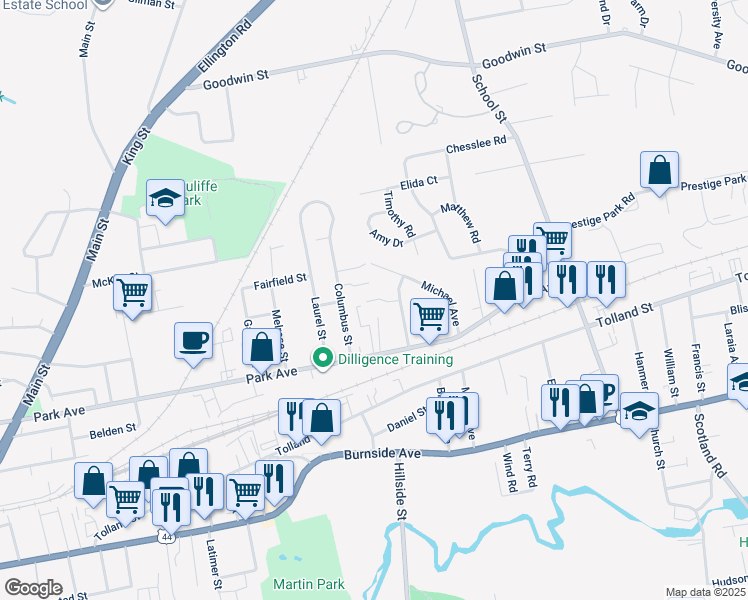map of restaurants, bars, coffee shops, grocery stores, and more near 29 Deerfield Court in East Hartford
