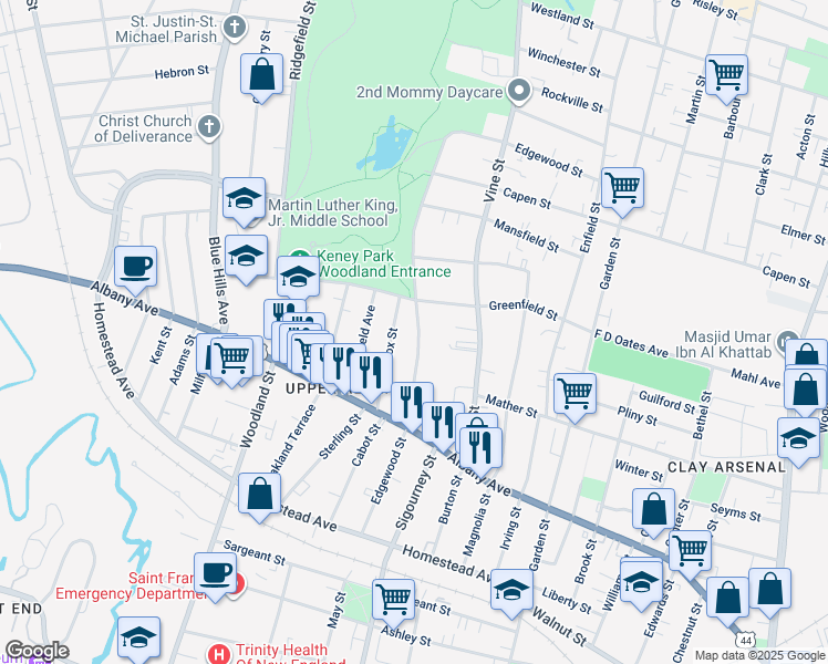 map of restaurants, bars, coffee shops, grocery stores, and more near 56 Lenox Street in Hartford
