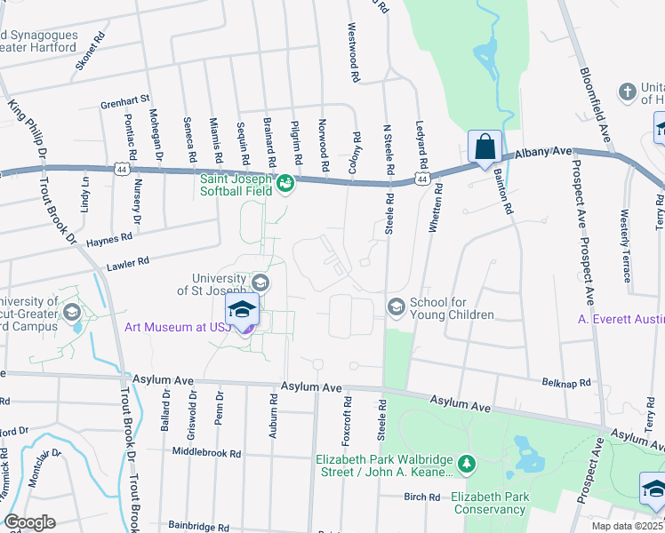 map of restaurants, bars, coffee shops, grocery stores, and more near 2021 Albany Ave in West Hartford