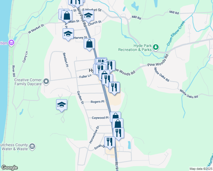map of restaurants, bars, coffee shops, grocery stores, and more near 566 Albany Post Road in Hyde Park