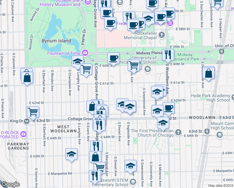 map of restaurants, bars, coffee shops, grocery stores, and more near 6152 South Ingleside Avenue in Chicago