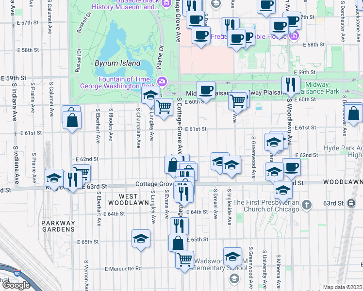 map of restaurants, bars, coffee shops, grocery stores, and more near 6154 South Cottage Grove Avenue in Chicago