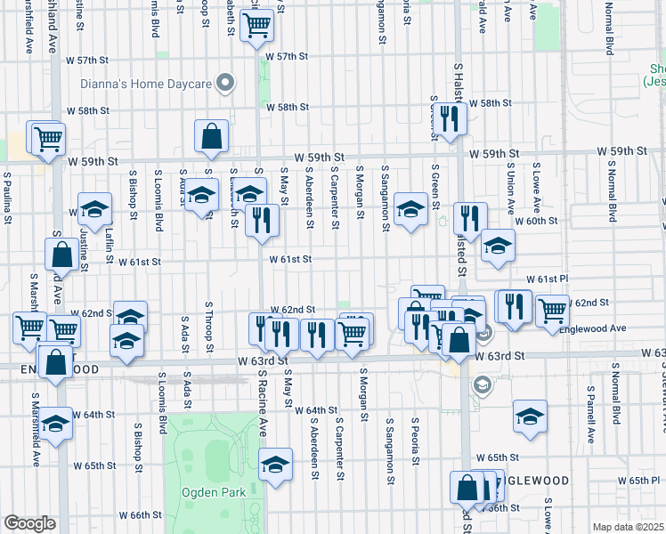 map of restaurants, bars, coffee shops, grocery stores, and more near 6128 South Carpenter Street in Chicago