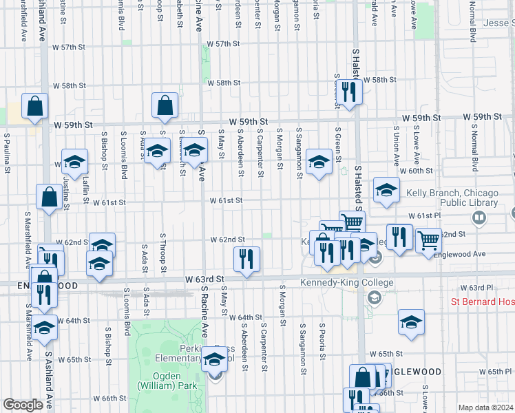 map of restaurants, bars, coffee shops, grocery stores, and more near 6128 South Carpenter Street in Chicago