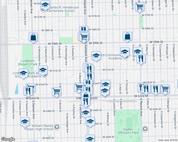 map of restaurants, bars, coffee shops, grocery stores, and more near 6124 South Ashland Avenue in Chicago