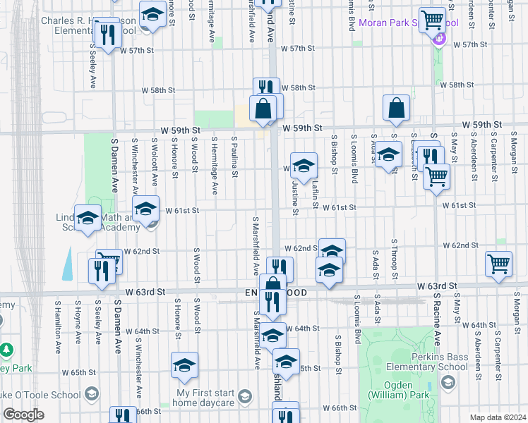 map of restaurants, bars, coffee shops, grocery stores, and more near 6124 South Ashland Avenue in Chicago