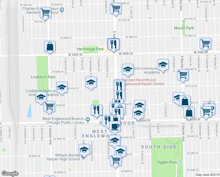 map of restaurants, bars, coffee shops, grocery stores, and more near 6124 South Ashland Avenue in Chicago