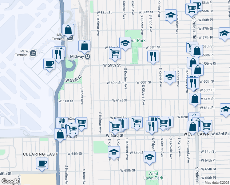 map of restaurants, bars, coffee shops, grocery stores, and more near 6049 South Kenneth Avenue in Chicago