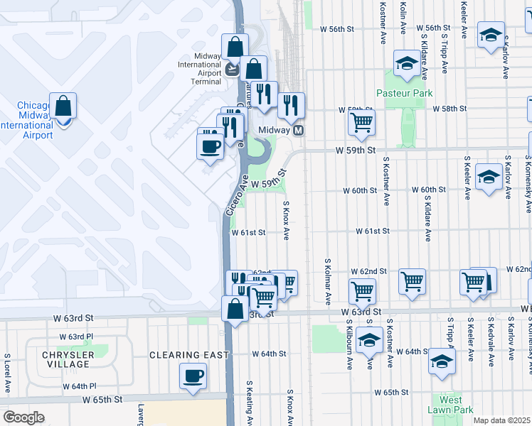 map of restaurants, bars, coffee shops, grocery stores, and more near 6047 South Kilpatrick Avenue in Chicago