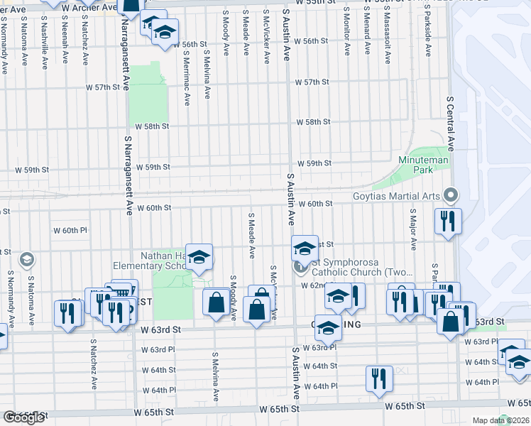 map of restaurants, bars, coffee shops, grocery stores, and more near 6027 South Meade Avenue in Chicago