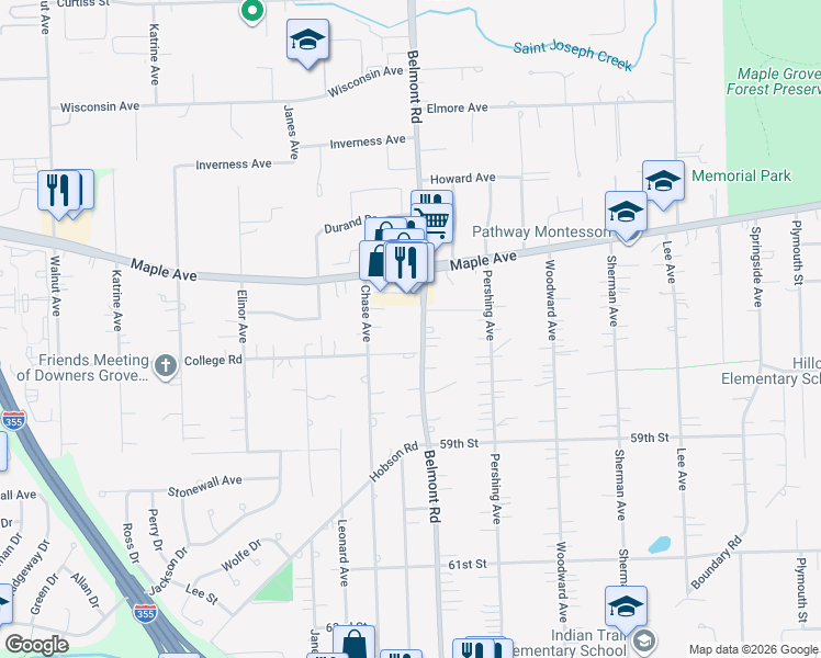 map of restaurants, bars, coffee shops, grocery stores, and more near 2220 College Road in Downers Grove